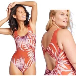 Target Kona Sol One Piece Swimsuit Sz M Orange Tropical Print Cut Out Back Twist